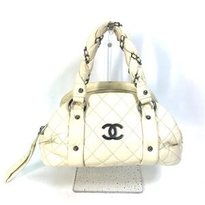 CHANEL Cream Leather Logo Boston Bag